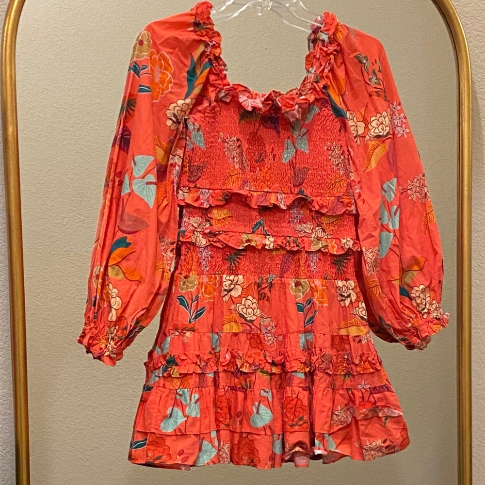 Farm Rio for Anthropologie Smocked Ruffle Floral Mini Dress Size S - Picture 6 of 13